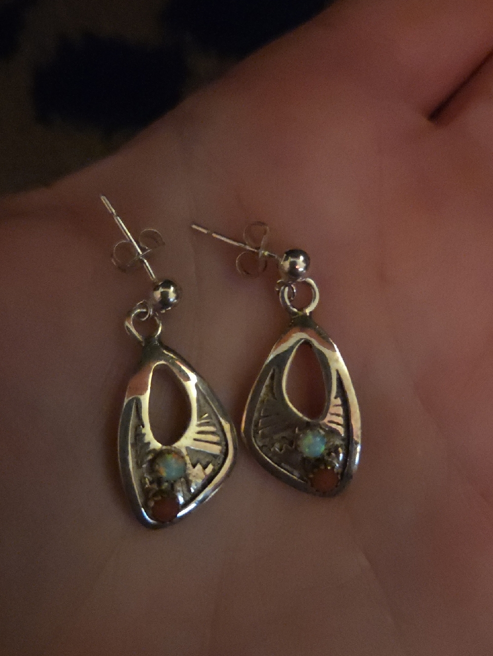 Vintage Sterling Silver Navaho Style Native American Opal Post Dangle Earrings